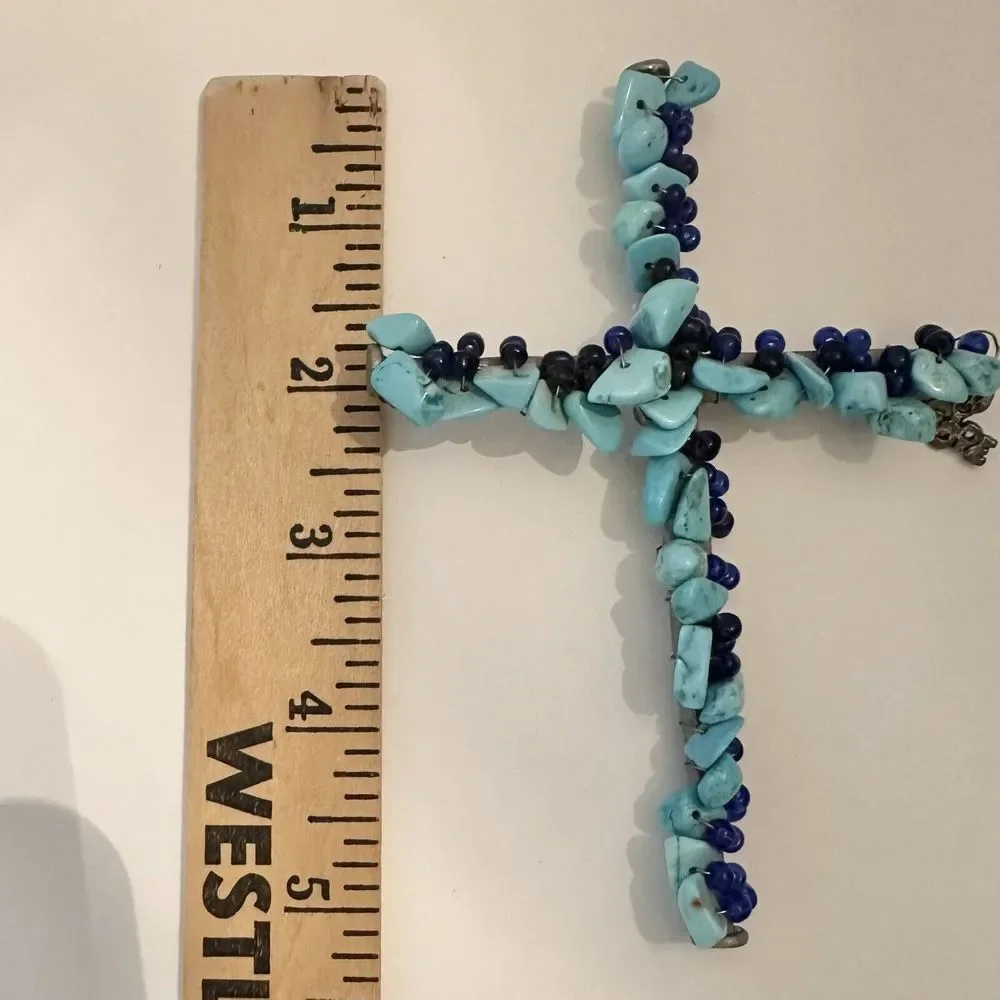 Turquoise Beads Cross Wall Hanging Silver Nails Wire Measures 5